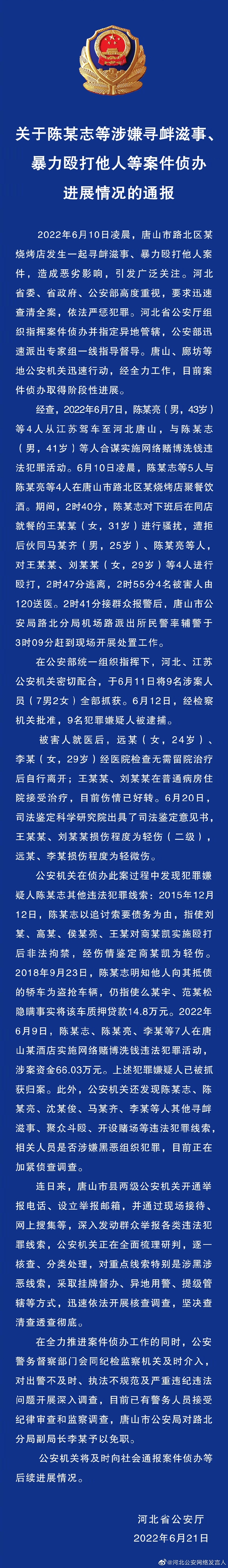 關(guān)于陳某志等涉嫌尋釁滋事、暴力毆打他人等案件偵辦進(jìn)展情況的通報