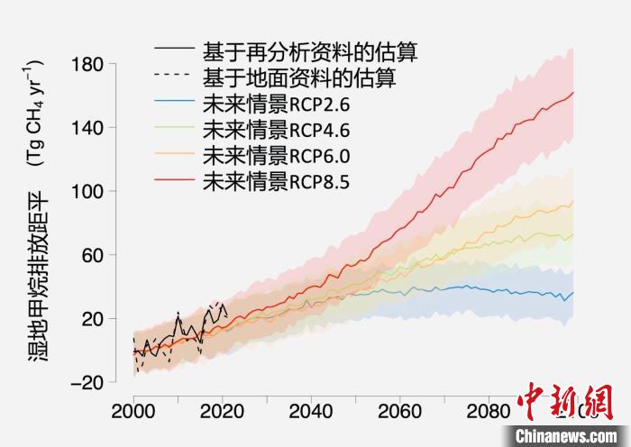 基于觀測(cè)的濕地甲烷排放變化與未來(lái)氣候變化情景下估算的對(duì)比。　中科院青藏高原所 供圖