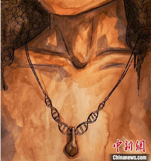 墜飾藝術(shù)再現(xiàn)圖，圖中吊墜繩為DNA螺旋樣式(圖片作者M(jìn)yrthe Lucas)?！∈┢樟指瘛ぷ匀?供圖