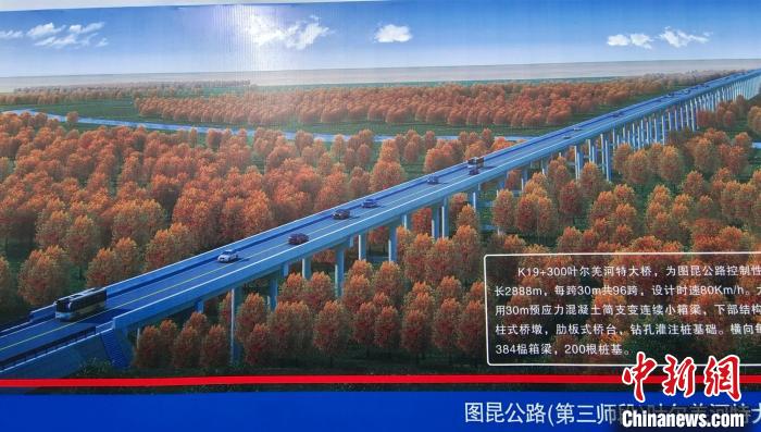 大橋穿越近3000米的原始胡楊林保護(hù)區(qū)。圖為工程效果圖?！∈酚窠?攝