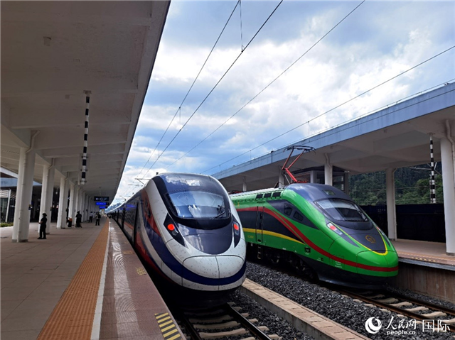 “復(fù)興號(hào)”和“瀾滄號(hào)”國(guó)際旅客列車?？吭诶蠐肽ザ≌?。人民網(wǎng) 杜明明攝