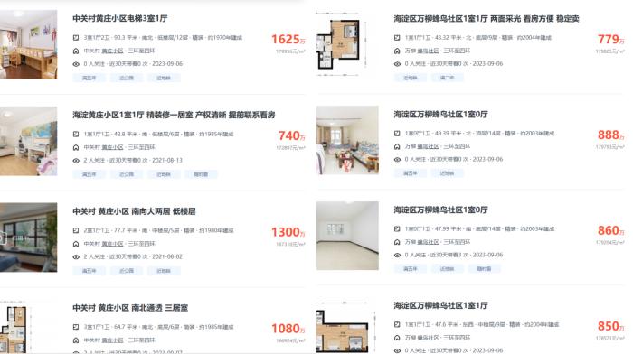 北京市海淀區(qū)部分高單價(jià)二手房源截圖。