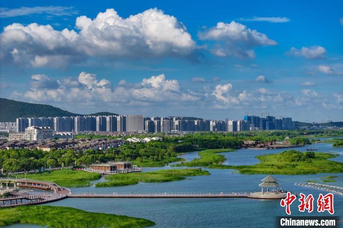 資料圖：航拍蘇州太湖湖濱國家濕地公園，藍(lán)天碧水生態(tài)美。 泱波 攝