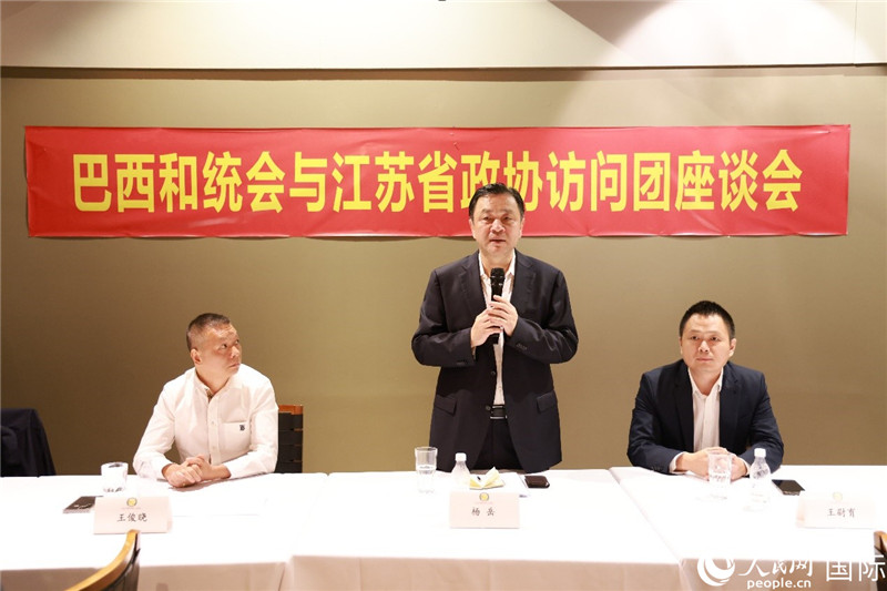 江蘇省政協(xié)副主席楊岳（中）在座談會上致辭。人民網(wǎng)記者 陳海琪攝