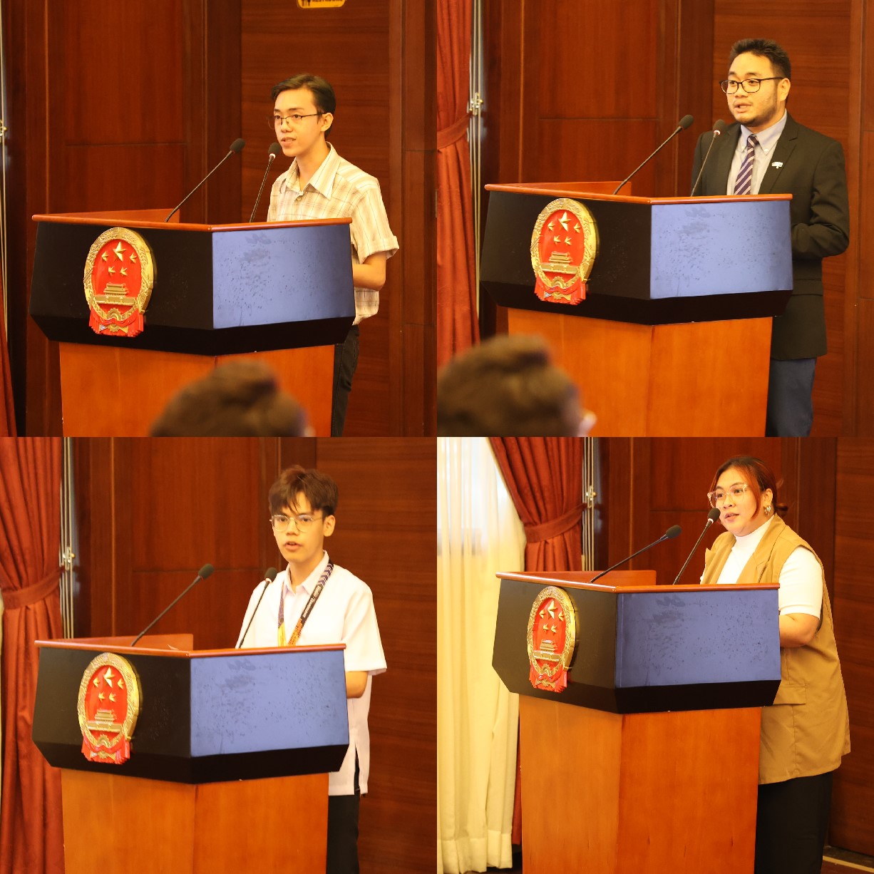 菲律賓大學(xué)、菲律賓師范大學(xué)的4位學(xué)生和校友代表現(xiàn)場發(fā)言向中方表示感謝并分享體會。駐菲律賓使館 供圖