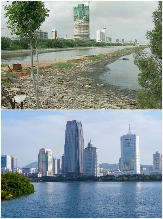 上圖：筼筜湖治理前資料圖。下圖：筼筜湖如今的美麗風光。人民網(wǎng)記者 吳超嵐攝