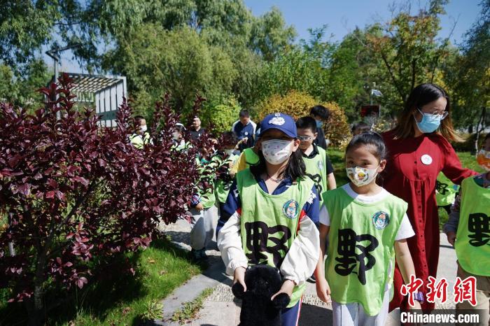 圖為小朋友在青海西寧湟水國家濕地公園內(nèi)認(rèn)識植物?！●R銘言 攝