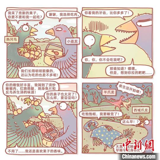 根據(jù)此次熱河鳥研究成果繪制的漫畫(燁子/繪)。　中科院古脊椎所 供圖