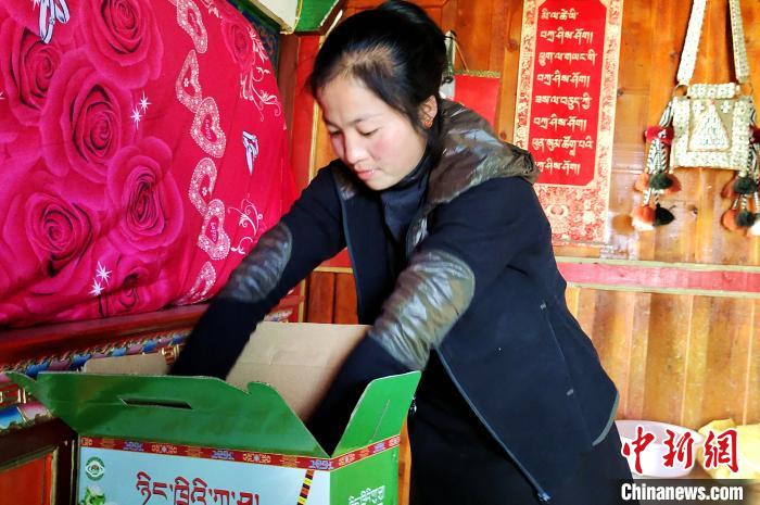 圖為通麥村村民巴桑拉姆把精心挑選的蘋(píng)果裝箱?！∝暽＠?攝