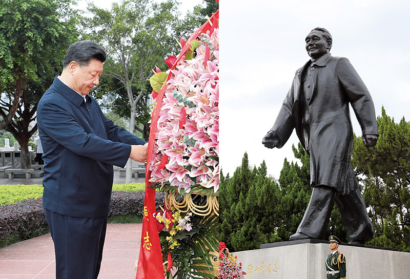 2020年10月14日，習(xí)近平總書記向深圳蓮花山公園鄧小平同志銅像敬獻(xiàn)花籃。