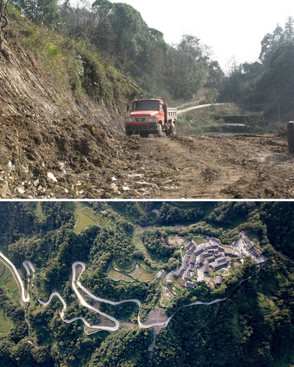 拼版照片：上圖為2011年12月拍攝的湖南省湘西土家族苗族自治州花垣縣十八洞村進(jìn)村道路；下圖為2019年9月拍攝的十八洞村及進(jìn)村道路。