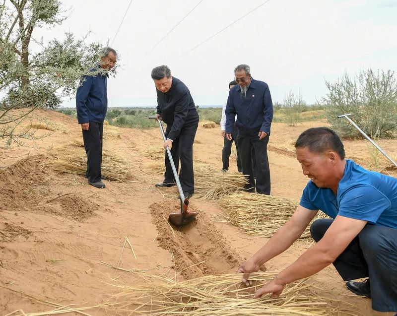 2019年8月21日，習(xí)近平來到甘肅省武威市古浪縣八步沙林場，實(shí)地察看當(dāng)?shù)刂紊吃炝?、生態(tài)保護(hù)等情況。新華社記者 謝環(huán)馳 攝