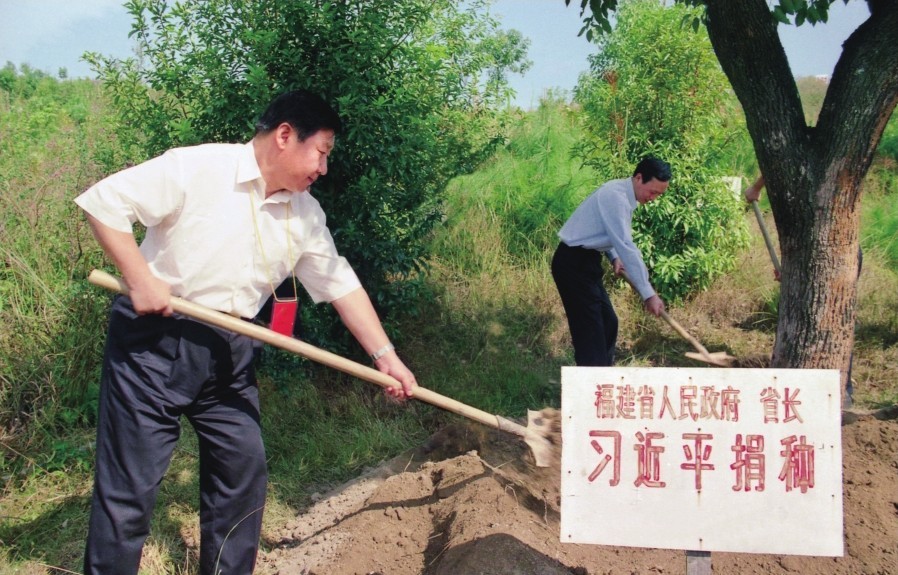 2001年10月，習(xí)近平在龍巖市長汀縣調(diào)研水土流失治理工作，在河田世紀(jì)生態(tài)園為樹培土。圖源：《習(xí)近平在福建（下）》