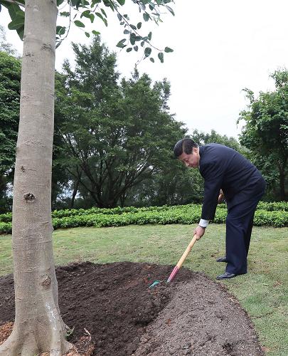 2012年12月7日至11日，習(xí)近平在廣東省考察工作。這是8日上午，習(xí)近平在深圳蓮花山公園種下一棵高山榕樹。新華社記者 蘭紅光 攝