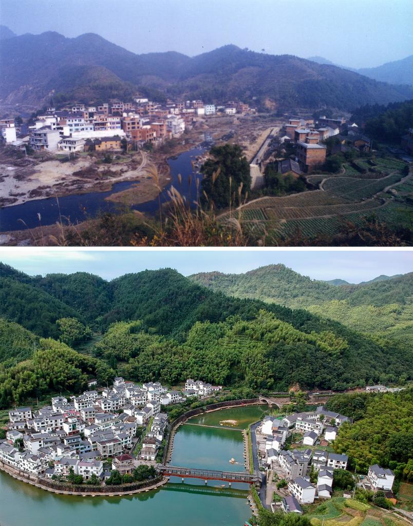 圖為浙江省杭州市淳安縣楓樹嶺鎮(zhèn)下姜村拼版圖，其中上圖為資料照片、下圖由新華社記者張鋮攝。