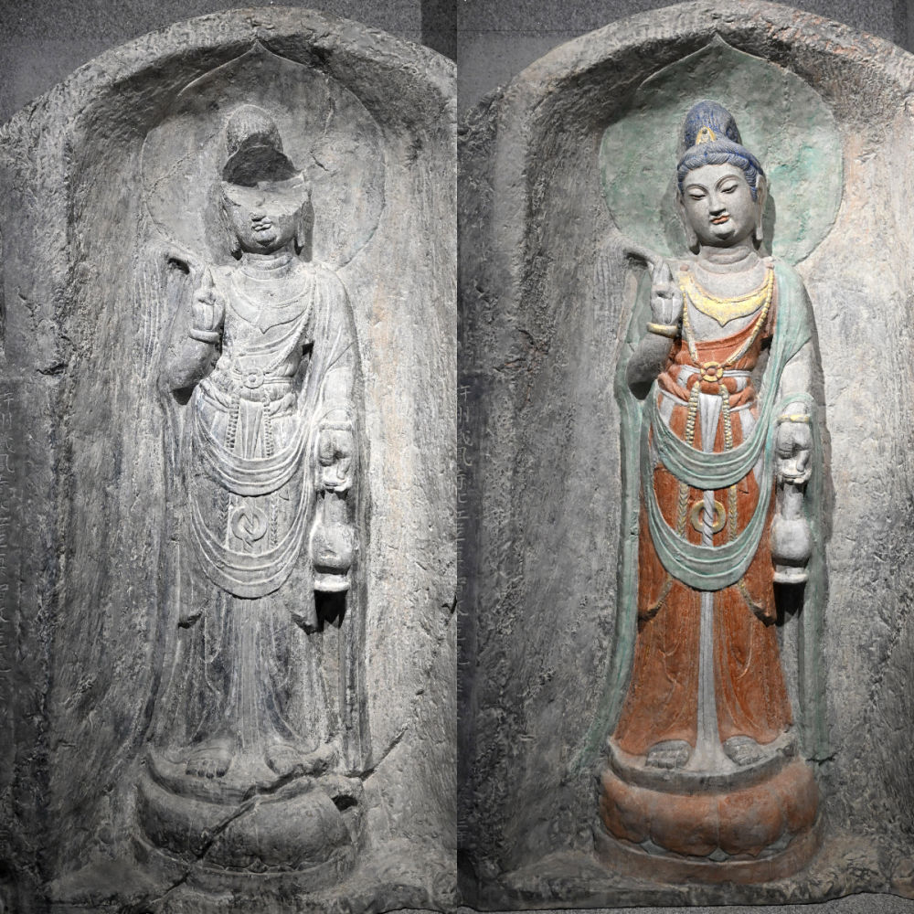 左圖為龍門石窟萬佛洞窟前南壁菩薩造像的3D打印模型；右圖為利用數(shù)字化技術復原后的3D打印模型（2025年4月10日攝，拼版照片）。復原后的像龕精妙絕倫，栩栩如生，被游客譽為“龍門最美菩薩”。圖片來源新華社