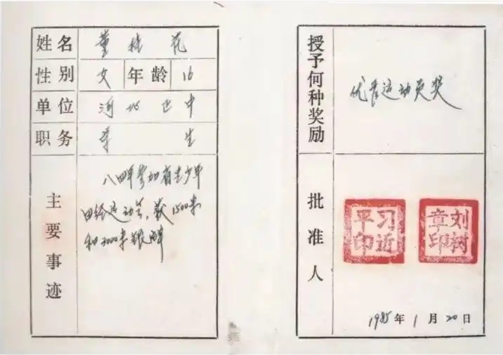 圖為1985年1月，時(shí)任正定縣委書(shū)記的習(xí)近平為參賽運(yùn)動(dòng)員頒發(fā)的“優(yōu)秀運(yùn)動(dòng)員獎(jiǎng)”。