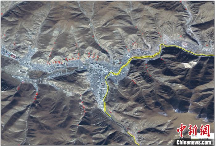 玉樹災(zāi)后重建區(qū)地質(zhì)災(zāi)害治理工程和防洪工程監(jiān)測結(jié)果。中科院空天院 供圖