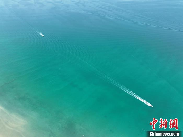 圖為航拍仲夏時節(jié)，青海湖湖水碧波蕩漾。　祁增蓓 攝